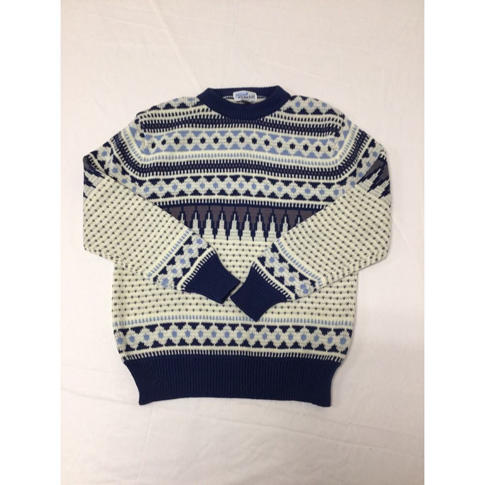 Vintage Snowdrift Nordic Fair Isle Sweater Mens Large Blue Cream Ski Knit Wool